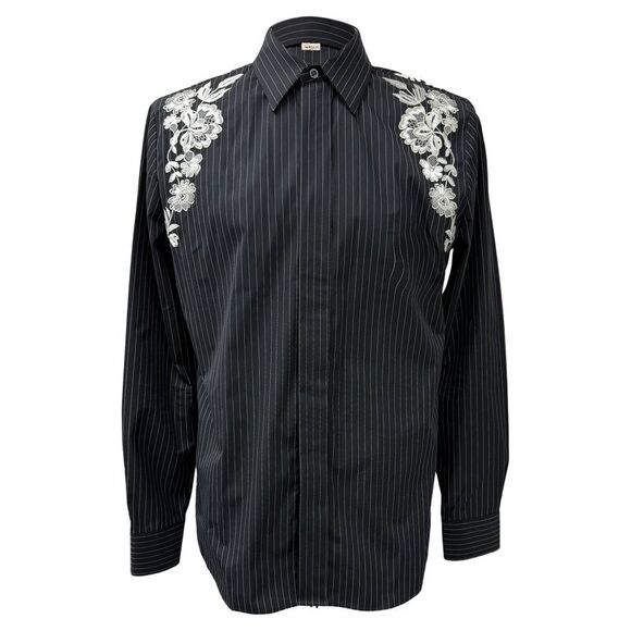 Alexander McQueen Embroidered Pinstripe Shirt in Black Cotton
